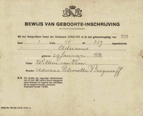 1928 bewijs van geboorte-inschrijving Adrianus van Veen