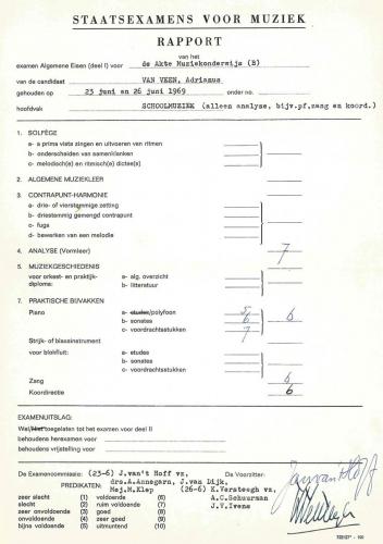 1969, rapport staatsexamens voor muziek, Ad van Veen