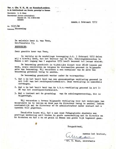 1972, brief benoeming CSG, Ad van Veen