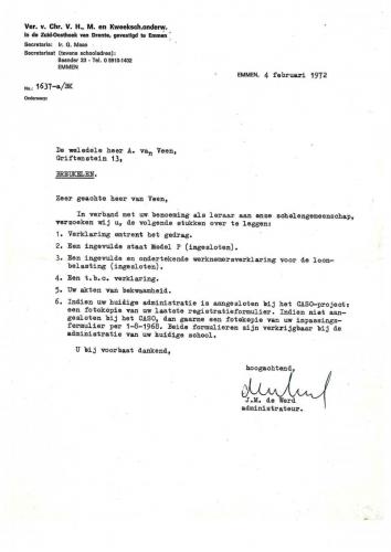 1972, brief ivm benoeming CSG, Ad van Veen