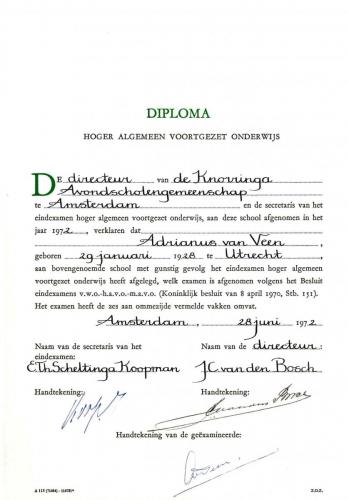 1972 diploma H.A.V.O., Ad van Veen