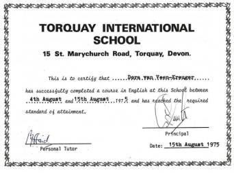 1975, Torquay international school, bewijs van deelname Engels, Dora van Veen