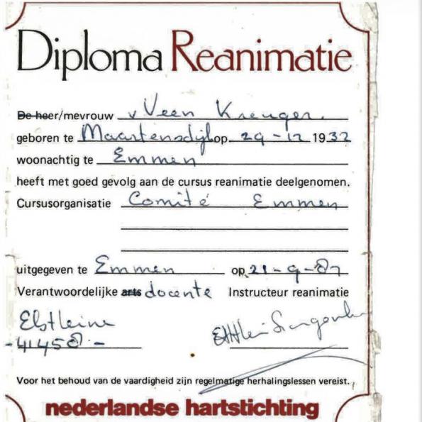1987, diploma reanimatie, Dora van Veen