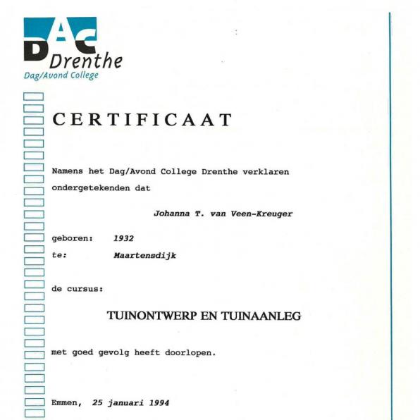 1994 Tuinontwerp en tuinaanleg certificaat Dora van Veen